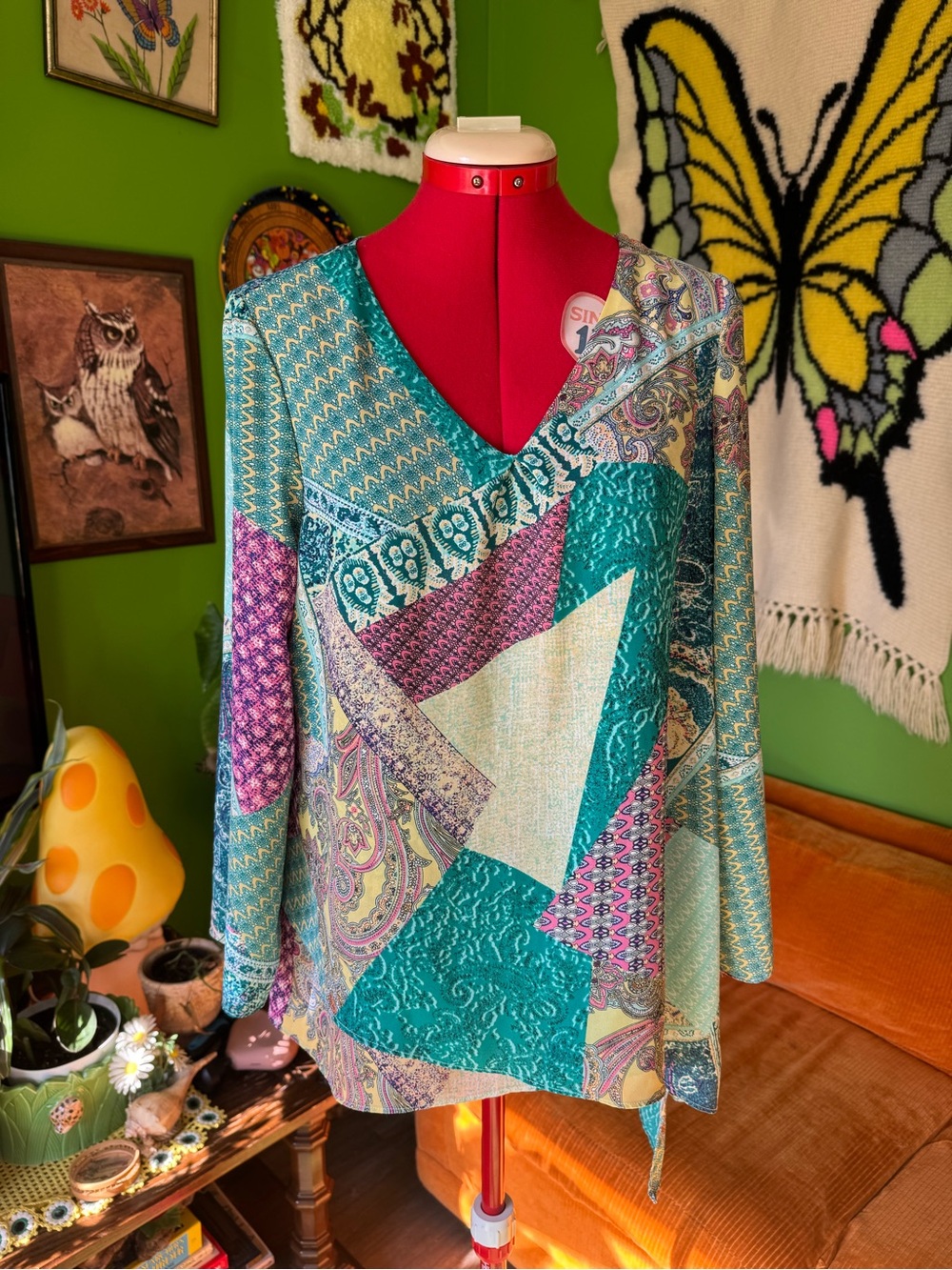 Boho Patchwork V-Neck Long Sleeve Top in Teal & Purple - Unbranded